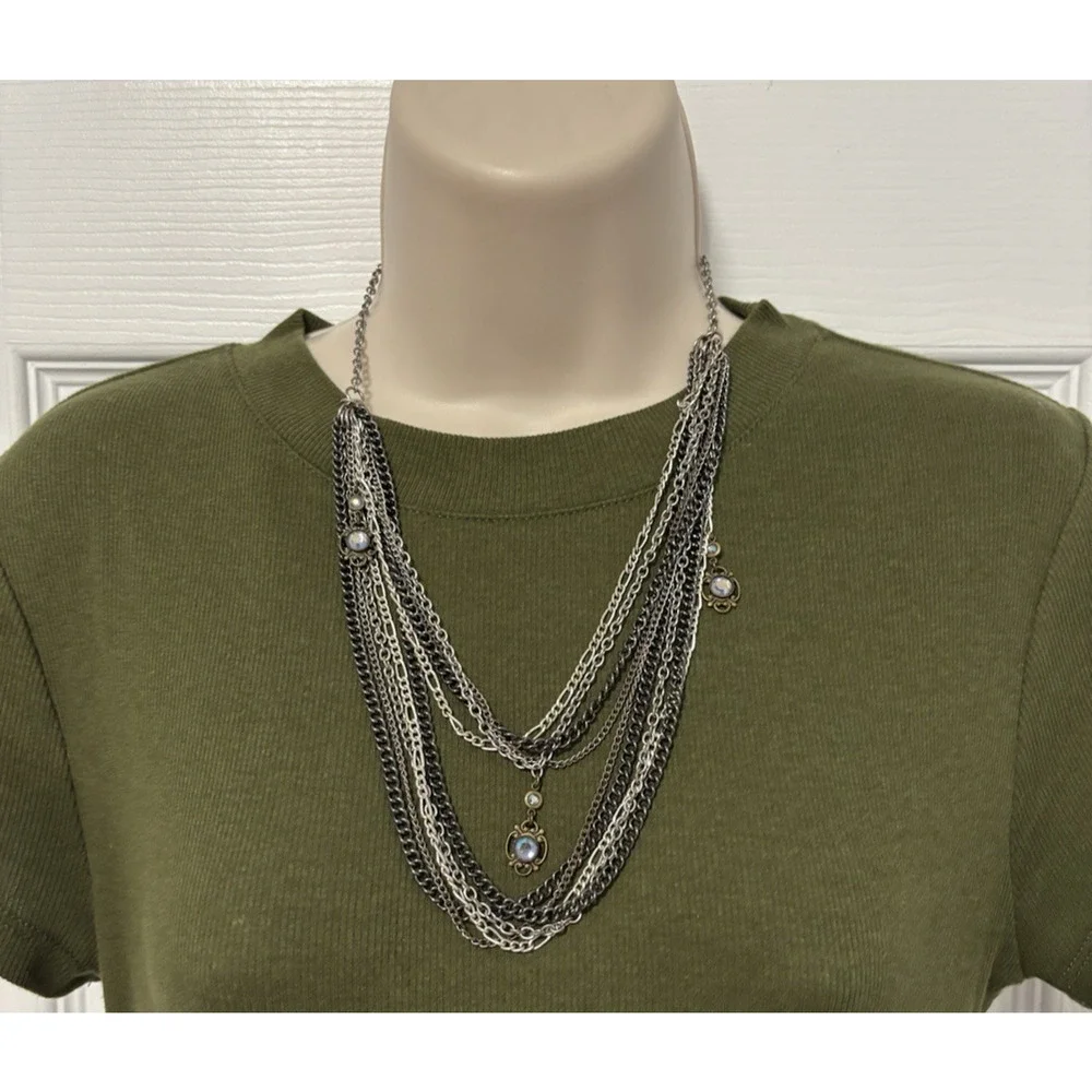 Multi Layered Silver Tone Chain Necklace Rhinestone Whimsigoth Fairy Goth Witchy
